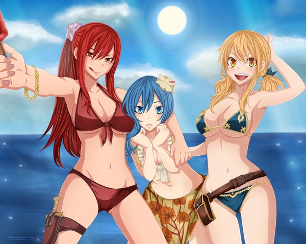 Anime picture 1695x1352 with fairy tail lucy heartfilia erza scarlet juvia lockser rochete long hair blush open mouth blue eyes light erotic blonde hair smile twintails multiple girls yellow eyes blue hair sky cloud (clouds) ponytail red hair