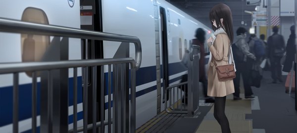 Anime picture 1500x676 with original chikuwa (odennabe) long hair black hair wide image profile black eyes girl scarf bag train train station