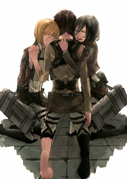 Anime picture 800x1123 with shingeki no kyojin production i.g mikasa ackerman eren yaeger armin arlert persona92 (orichie) tall image short hair open mouth blonde hair brown hair white background eyes closed multiple boys no shoes hug tears kneeling torn clothes holding hands