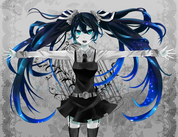 Anime picture 2210x1702 with vocaloid himitsu keisatsu (vocaloid) hatsune miku ryouya single highres open mouth twintails blue hair aqua eyes spread arms girl thighhighs dress black thighhighs shirt necktie belt cage