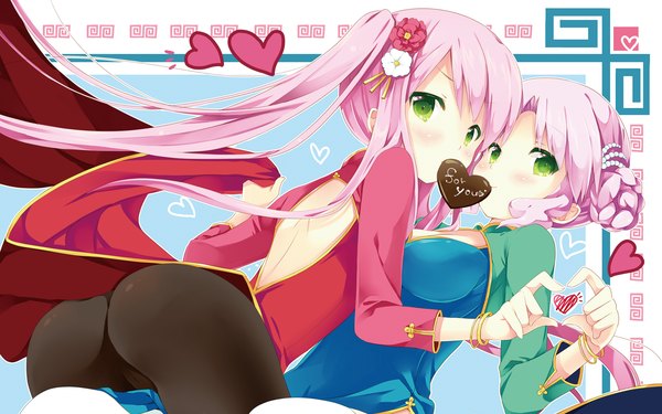 Anime picture 1920x1200 with cafe sourire cuffs (studio) mizushima serika ogiwara kyouko natsume eri long hair highres short hair light erotic wide image twintails multiple girls green eyes pink hair ass hair flower chinese clothes valentine girl hair ornament