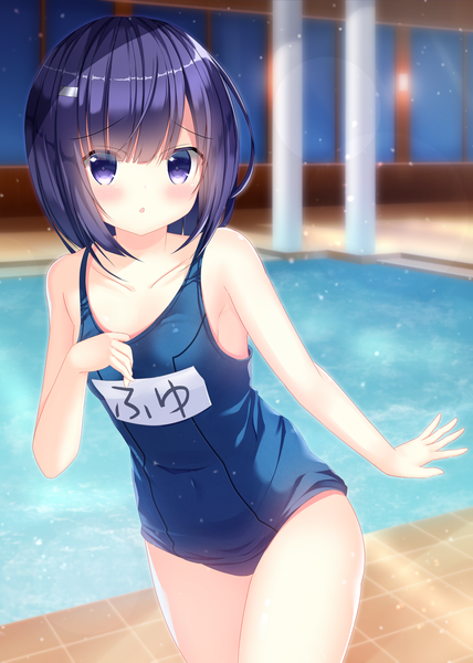 Anime picture 2924x4096 with gochuumon wa usagi desu ka? white fox fuiba fuyu pizzzica single tall image looking at viewer blush highres short hair light erotic standing purple eyes purple hair indoors character names covered navel girl swimsuit one-piece swimsuit