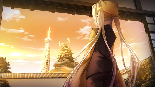 Anime picture 1280x720 with appare! tenka gomen katagiri hinata long hair blue eyes wide image twintails game cg white hair loli evening sunset girl