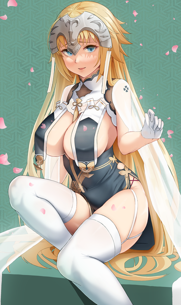 Anime picture 1559x2622 with fate (series) fate/grand order azur lane jeanne d'arc (fate) (all) jeanne d'arc (fate) sirius (azur lane) sirius (azure horizons) (azur lane) solar (happymonk) single tall image looking at viewer blush fringe breasts open mouth blue eyes light erotic simple background blonde hair large breasts