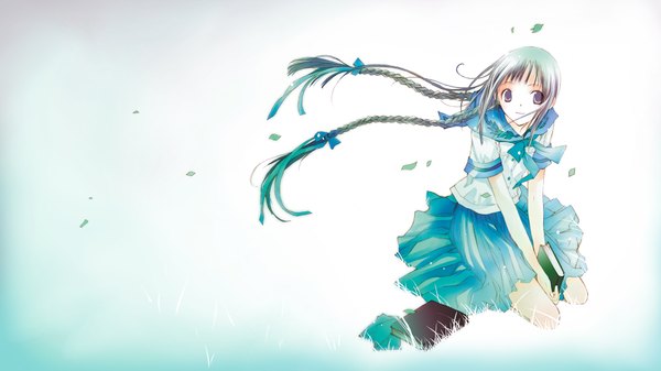 イラスト 1920x1080 と 文学少女 天野 遠子 ソロ 長髪 highres simple background wide image 紫目 三つ編み light smile grey hair twin braids 女の子 制服 学生服 本