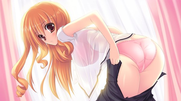 イラスト 1280x720 と strawberry feels 長髪 赤面 おっぱい light erotic 赤い目 wide image 大きな乳房 game cg 尻 looking back オレンジ髪 undressing 女の子 下着 パンティー シャツ