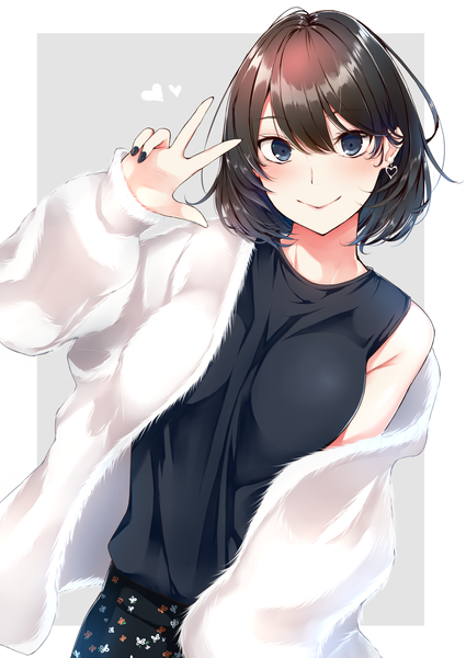 Anime picture 1600x2259 with original dabadhi single tall image looking at viewer blush fringe short hair breasts blue eyes simple background smile hair between eyes brown hair standing long sleeves nail polish arm up fingernails off shoulder