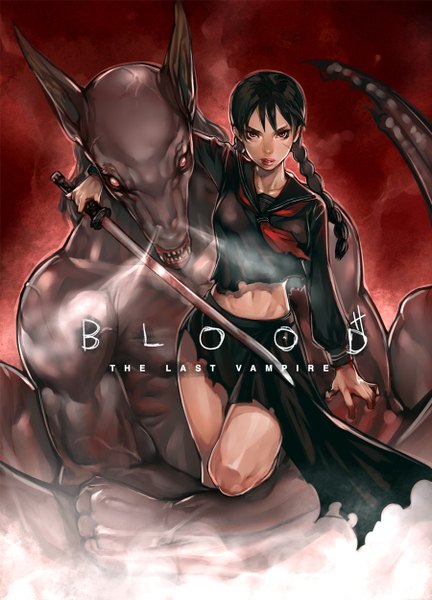 Anime picture 900x1250 with blood the last vampire saya (blood the last vampire) koneko kosodate chuu single long hair tall image looking at viewer black hair red eyes sky braid (braids) inscription teeth torn clothes single braid steam red sky girl skirt weapon