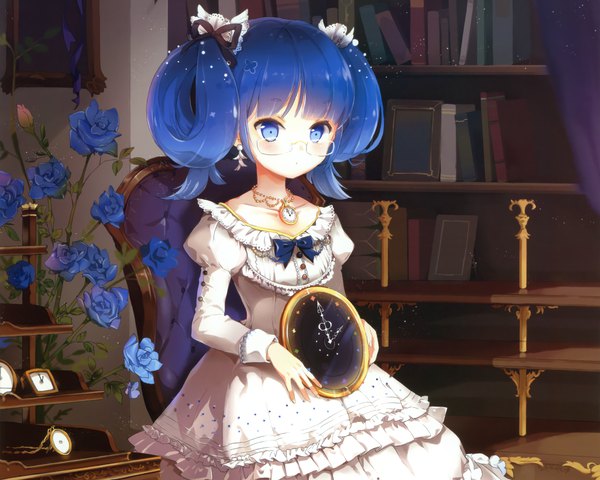 Anime picture 2000x1600 with original anmi single looking at viewer fringe highres short hair blue eyes sitting twintails blue hair blunt bangs long sleeves hair rings cropped girl dress hair ornament flower (flowers) bow