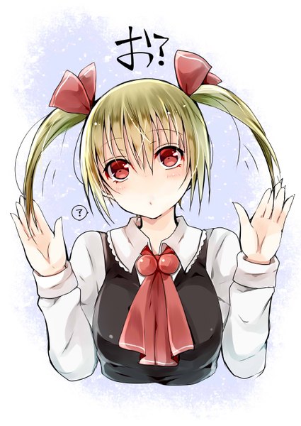 Anime picture 1000x1412 with touhou rumia mimoto (aszxdfcv) single tall image blush short hair blonde hair red eyes twintails portrait short twintails alternate hairstyle ? girl bow hair bow