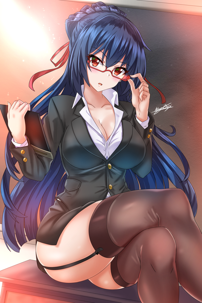 Anime picture 2400x3600 with original nez-kun (nezkunn) single long hair tall image looking at viewer blush fringe highres breasts open mouth light erotic red eyes large breasts sitting holding blue hair cleavage indoors long sleeves