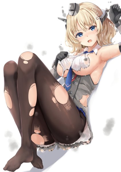 Anime picture 1079x1532 with kantai collection colorado battleship neneru (pixiv) single tall image looking at viewer blush fringe short hair breasts blue eyes light erotic simple background blonde hair white background bent knee (knees) lying braid (braids) head tilt arm up