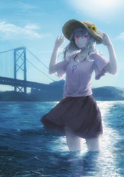 Anime picture 1400x2000 with original kokemozuku single long hair tall image looking at viewer fringe breasts smile sky pink eyes grey hair arms up wet mountain river girl skirt flower (flowers) water