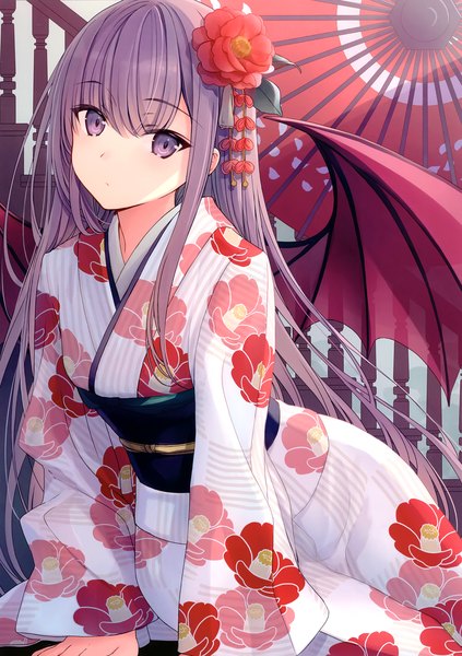 Anime picture 2413x3426 with original yashiro seika single long hair tall image looking at viewer blush fringe highres hair between eyes sitting purple eyes purple hair traditional clothes japanese clothes hair flower scan wide sleeves arm support floral print