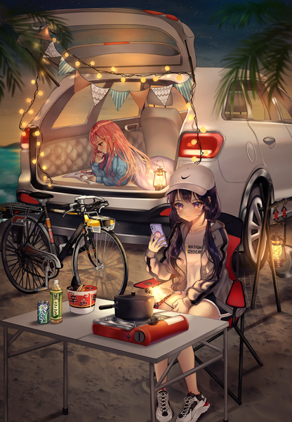 Anime picture 3294x4756 with original nike sprite aina 156cm long hair tall image blush fringe highres black hair smile red eyes brown hair sitting purple eyes twintails multiple girls holding absurdres full body