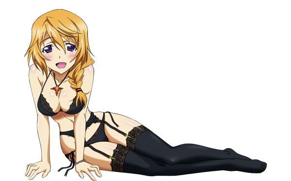 Anime picture 4000x2500 with infinite stratos 8bit charles dunois single long hair blush highres breasts open mouth light erotic blonde hair wide image sitting purple eyes absurdres braid (braids) no shoes underwear only single braid transparent background