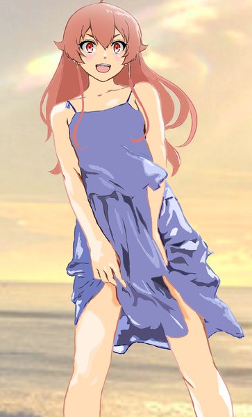 Anime picture 1100x1820 with mushoku tensei studio bind eris boreas greyrat kei e419 single long hair tall image looking at viewer blush fringe open mouth smile hair between eyes red eyes standing pink hair sky outdoors :d blurry