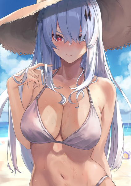 Anime picture 2480x3508 with punishing: gray raven alpha (punishing: gray raven) aoi 13 single long hair tall image looking at viewer blush fringe highres breasts light erotic red eyes large breasts sky silver hair cloud (clouds) upper body outdoors arm up