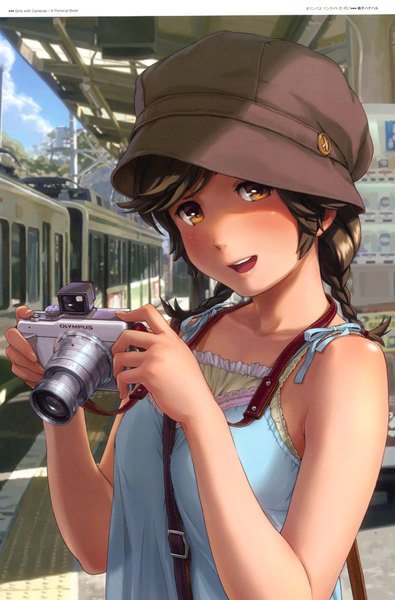 Anime picture 3000x4550 with naruko hanaharu tall image blush fringe highres open mouth brown hair brown eyes braid (braids) sleeveless twin braids happy girl bow hat camera train train station