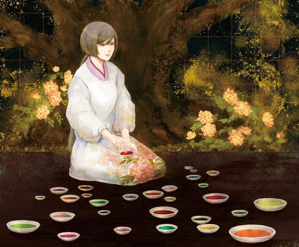 Anime picture 1400x1158 with original shoku niwatori single long hair black hair sitting tail black eyes girl flower (flowers) plant (plants) tree (trees) saucer