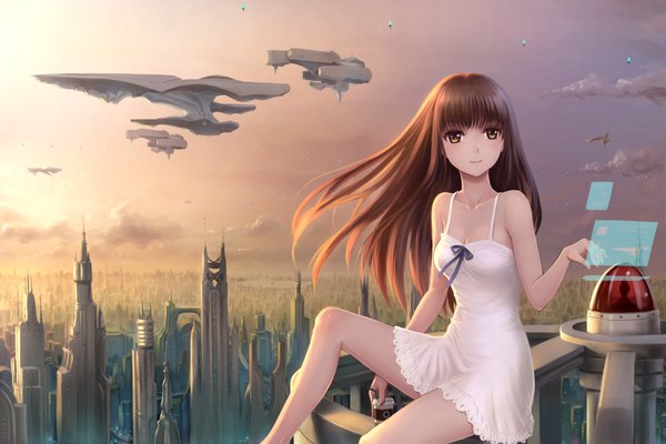 Anime-Bild 1920x1280 mit original youbou single long hair highres smile brown hair sitting bare shoulders brown eyes sky cloud (clouds) city evening sunset cityscape revision girl dress sundress