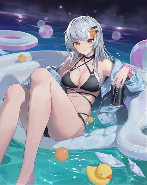 Anime picture 4557x5747 with original xzu single long hair tall image looking at viewer fringe highres breasts light erotic large breasts holding brown eyes absurdres cleavage silver hair bent knee (knees) outdoors blunt bangs off shoulder