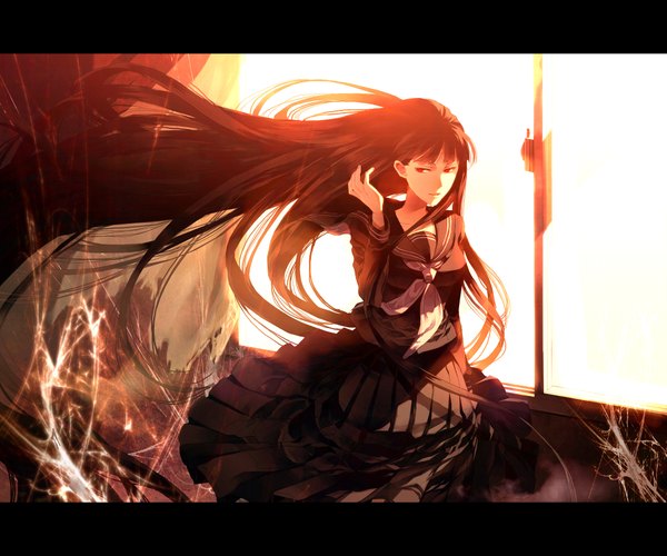 Anime picture 2100x1750 with atlach-nacha hirasaka hatsune sunakumo single long hair highres black hair red eyes very long hair girl uniform school uniform serafuku window