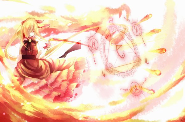 Anime picture 1369x907 with original pixiv fantasia pixiv fantasia wizard and knight lyodi (artist) single long hair fringe blonde hair red eyes bare shoulders hair over one eye magic girl dress fire magic circle