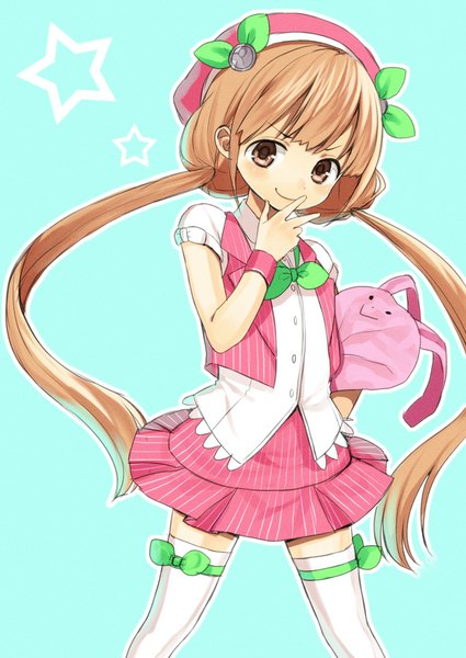 Anime picture 627x886 with idolmaster idolmaster cinderella girls futaba anzu midorikawa you single long hair tall image looking at viewer blush fringe simple background smile brown hair twintails brown eyes payot zettai ryouiki low twintails blue background girl
