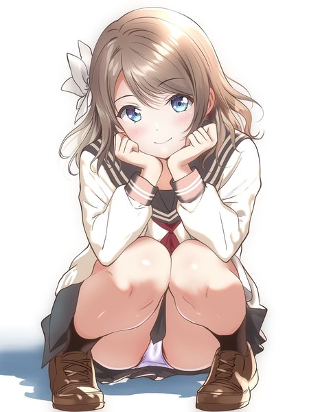 Anime picture 1536x2048 with love live! sunshine!! sunrise (studio) love live! watanabe you borgbutler single tall image looking at viewer blush fringe short hair blue eyes light erotic simple background white background full body long sleeves grey hair pantyshot squat