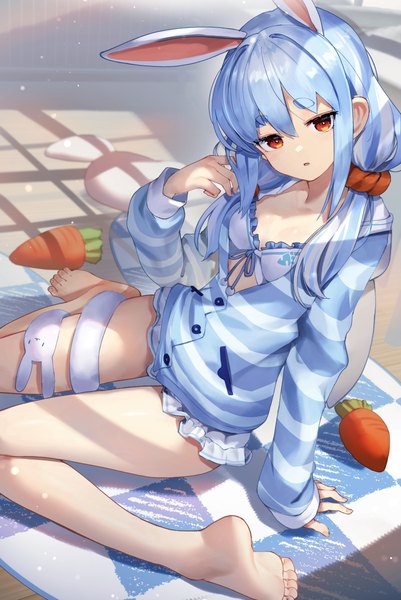 Anime picture 1605x2400 with virtual youtuber hololive usada pekora don-chan (usada pekora) scottie (phantom2) single long hair tall image looking at viewer fringe breasts open mouth light erotic hair between eyes red eyes sitting twintails animal ears payot blue hair