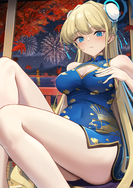 Anime picture 1447x2047 with blue archive toki (blue archive) may9 single tall image looking at viewer blush fringe breasts blue eyes light erotic blonde hair large breasts blunt bangs very long hair traditional clothes night bare legs hair bun (hair buns) alternate costume