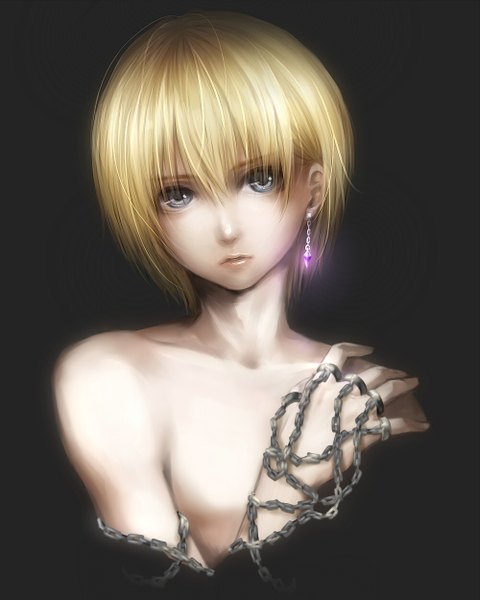 Anime picture 1000x1250 with hunter x hunter kurapica ao+beni single tall image fringe short hair blue eyes blonde hair looking away black background topless shirtless hand on shoulder boy earrings chain ring