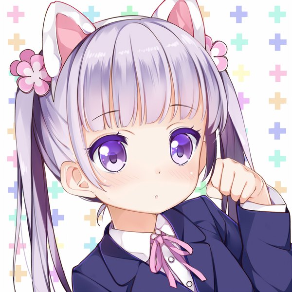 Anime picture 885x885 with new game! doga kobo suzukaze aoba kikistark single long hair looking at viewer blush fringe purple eyes twintails animal ears payot purple hair upper body blunt bangs cat ears :o fake animal ears paw pose