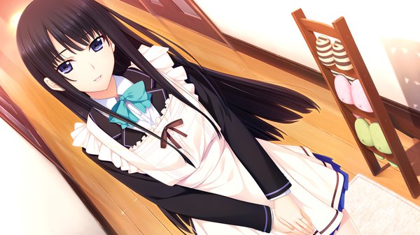 Anime picture 1280x720 with niizuma lovely x cation isurugi yuki iizuki tasuku single long hair looking at viewer fringe black hair wide image purple eyes payot game cg from above girl uniform school uniform bowtie apron ring wedding band