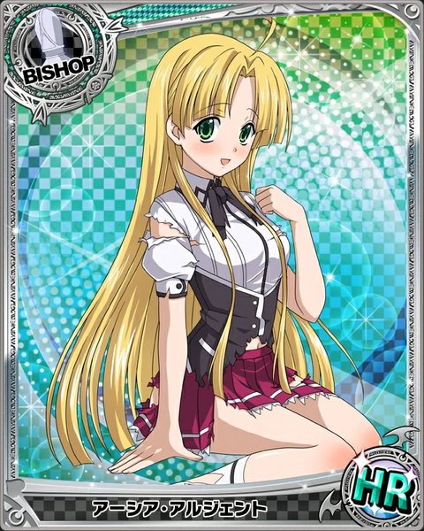 Anime picture 640x800 with highschool dxd asia argento single long hair tall image blush open mouth blonde hair green eyes torn clothes card (medium) girl uniform school uniform