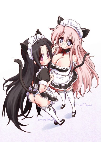 Anime picture 1075x1518 with lucky star kyoto animation takara miyuki tamura hiyori mizushima (p201112) long hair tall image breasts light erotic black hair simple background smile standing purple eyes bare shoulders multiple girls animal ears pink hair ass tail