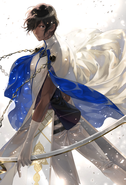 Anime picture 701x1026 with fate (series) fate/grand order arjuna (fate) noes single tall image looking at viewer fringe short hair black hair holding wind black eyes hair over one eye dark skin boy gloves weapon white gloves bow (weapon)