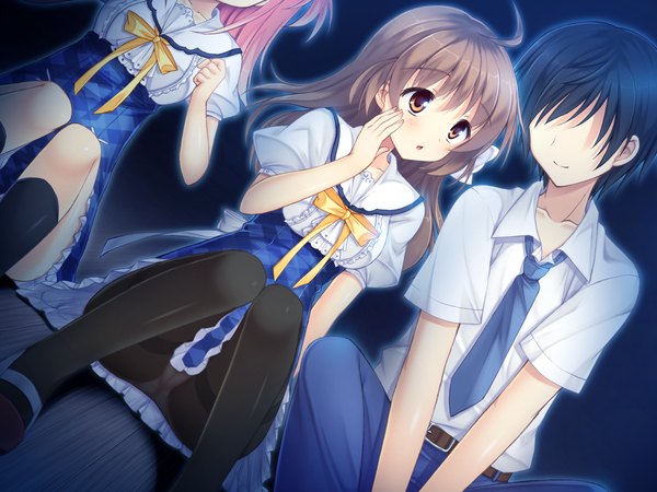 Anime picture 1680x1260 with sakura no reply tsukimori chiyoko asahina mai (sakura no reply) long hair blush short hair light erotic black hair brown hair sitting multiple girls brown eyes game cg pantyshot sitting girl boy uniform 2 girls school uniform