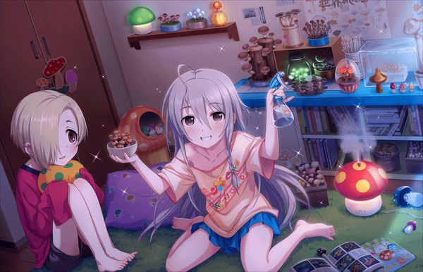 Anime picture 1280x824 with idolmaster idolmaster cinderella girls shirasaka koume hoshi syoko long hair looking at viewer blush fringe short hair smile multiple girls brown eyes white hair barefoot hair over one eye bare legs girl skirt 2 girls mushroom (mushrooms)