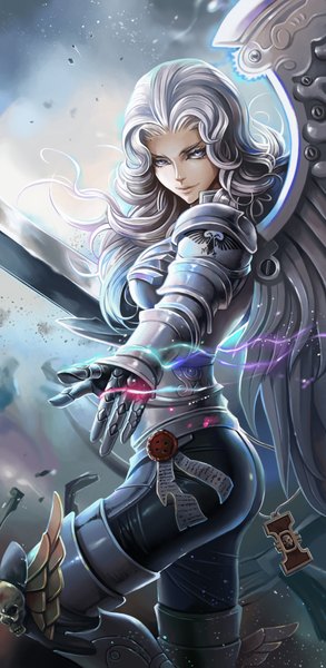Anime picture 1080x2210 with warhammer 40k dantewontdie single long hair tall image looking at viewer blue eyes silver hair outstretched arm girl weapon sword wings armor