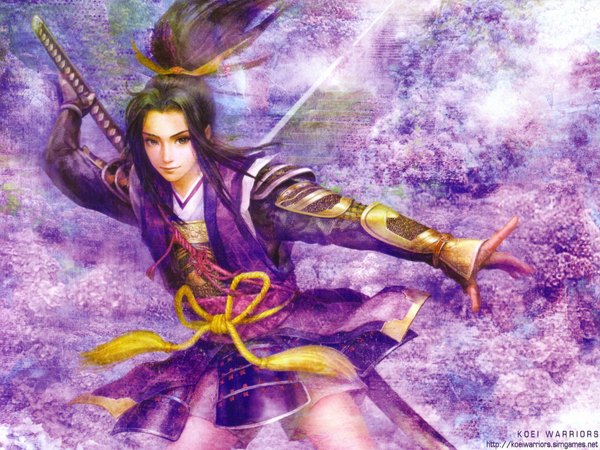 Anime picture 1024x768 with sengoku musou ranmaru mori (samurai warriors) single long hair black hair smile brown eyes ponytail boy gloves weapon sword armor katana