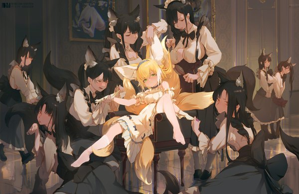 Anime picture 3000x1956 with arknights suzuran (arknights) damiaoermiao long hair looking at viewer blush fringe highres short hair breasts open mouth light erotic black hair blonde hair red eyes standing bare shoulders multiple girls green eyes animal ears