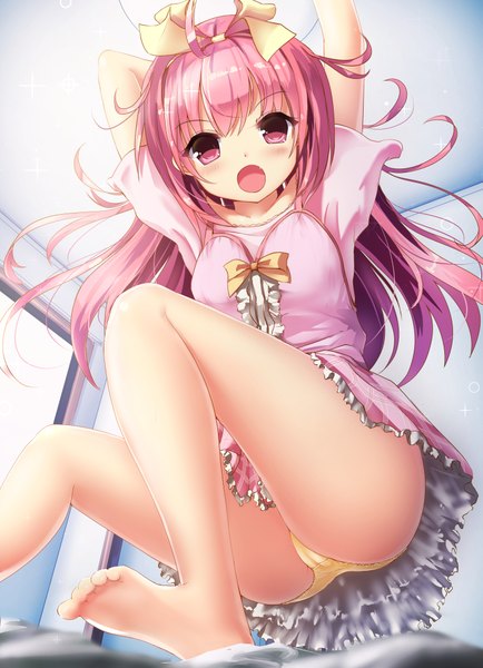 Anime picture 1447x1998 with original missle228 single long hair tall image looking at viewer blush open mouth light erotic pink hair ahoge ass indoors pink eyes arms up fang (fangs) legs girl dress underwear