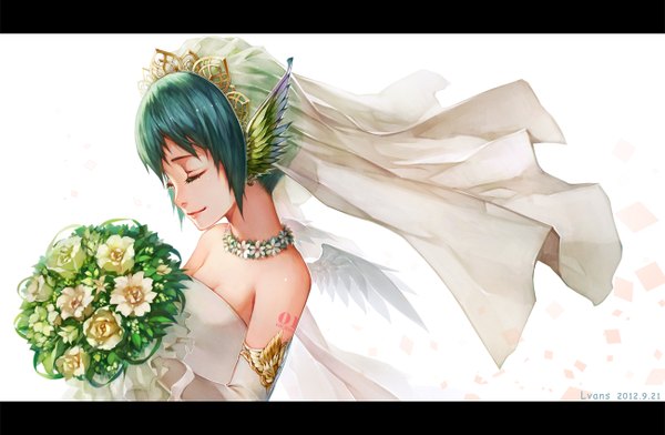 Anime picture 1300x850 with vocaloid hatsune miku lvans single bare shoulders holding eyes closed light smile aqua hair inscription tattoo letterboxed head wings girl dress gloves hair ornament flower (flowers) ribbon (ribbons) wings