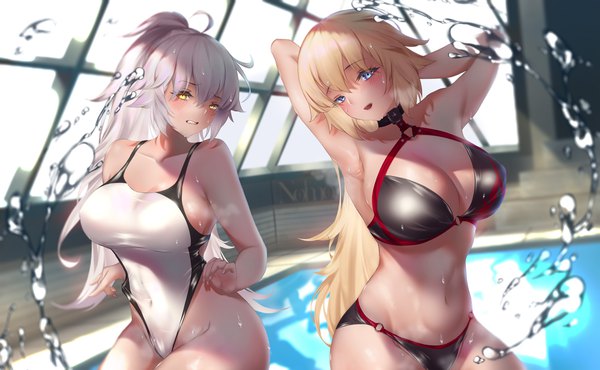 Anime picture 1942x1200 with fate (series) fate/grand order jeanne d'arc (fate) (all) jeanne d'arc alter (fate) jeanne d'arc alter (swimsuit berserker) (fate) jeanne d'arc (swimsuit archer) nolmo (vanitas0) long hair looking at viewer blush fringe highres breasts open mouth blue eyes light erotic blonde hair smile hair between eyes wide image