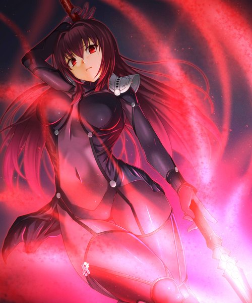 Anime picture 1500x1800 with fate (series) fate/grand order type-moon scathach (fate) (all) scathach (fate) emanon123 single long hair tall image looking at viewer fringe breasts light erotic simple background red eyes large breasts standing purple eyes holding pink hair