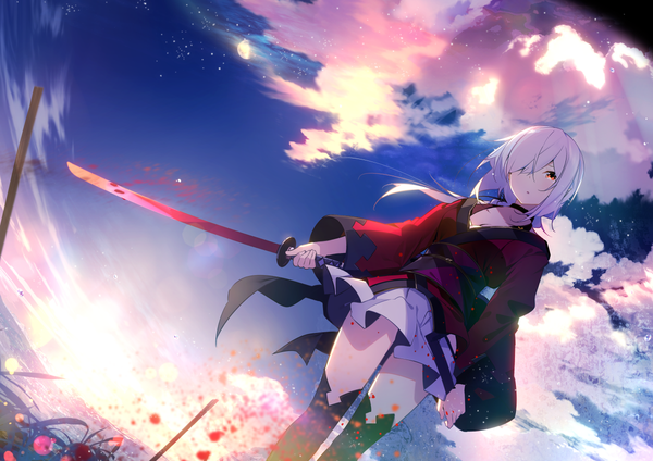 Anime picture 1200x848 with original doumeki (benio) benio (dontsugel) single long hair looking at viewer fringe holding sky silver hair cloud (clouds) traditional clothes wind hair over one eye wide sleeves :o from below horizon bloody weapon girl
