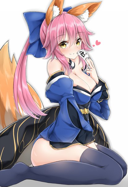 Anime picture 1550x2250 with fate (series) fate/extra tamamo (fate) (all) tamamo no mae (fate) moyoron single long hair tall image looking at viewer blush fringe breasts light erotic simple background smile hair between eyes large breasts white background sitting bare shoulders