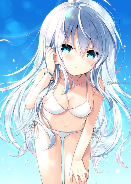 Anime picture 717x1012 with original uchuuneko single long hair tall image looking at viewer blush fringe breasts blue eyes light erotic hair between eyes standing bare shoulders signed payot sky silver hair outdoors head tilt